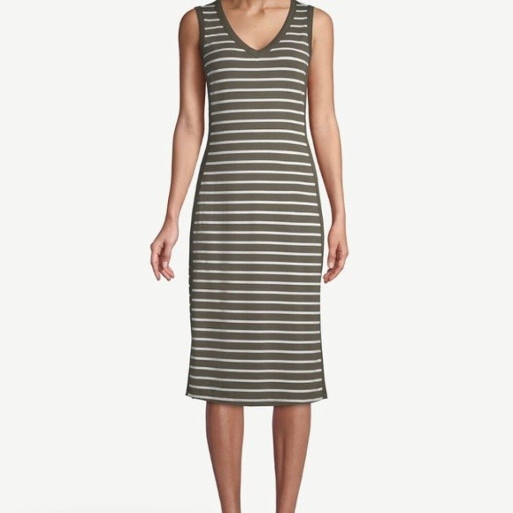 NWOT Chico’s Zenergy Olive Green White Stripe Sleeveless Midi Dress